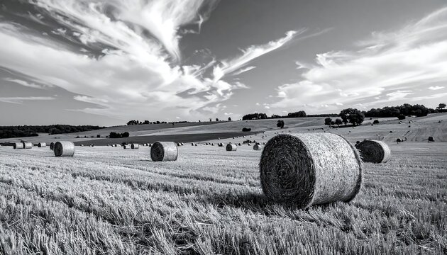 B&W field filled with hay bales, under a dynamic cloudy sky, rolling landscape in the distance