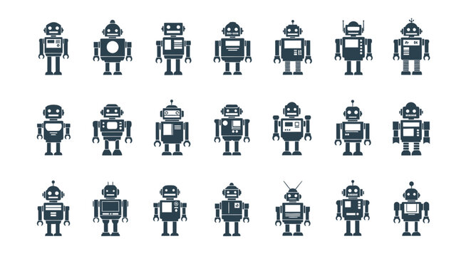 Collection of cartoon robot characters in various designs isolated on white
