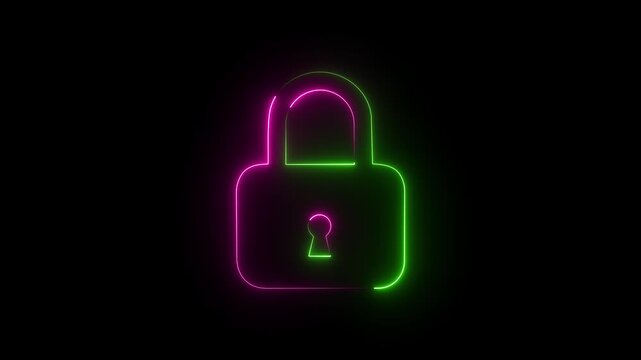 Neon padlock icon in pink and green glow, secure lock symbol for privacy and data protection.