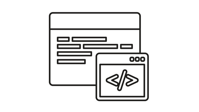 Minimalist web development and programming vector icon illustration featuring browser windows with source code symbols, representing software engineering, website design, and coding concepts.