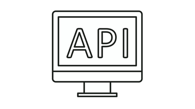Black line art vector icon of a computer monitor displaying the text API, symbolizing application programming interface, software development, web services, and digital integration.