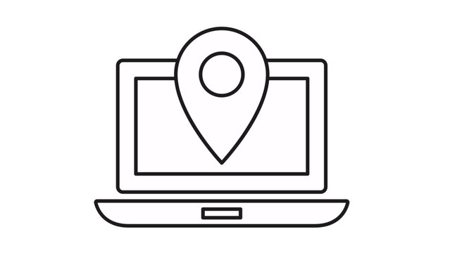Minimalist black line art vector icon of a laptop computer with a location pin map marker on the screen, representing GPS navigation, digital tracking, and online address search services.