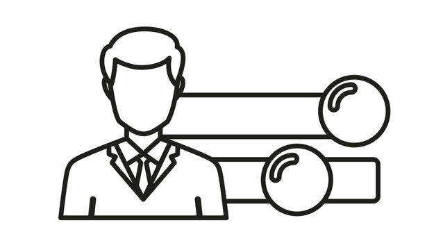 Businessman with Slider Bars Vector Icon Illustration. Black Line Art Symbol Representing User Profile Settings, Performance Metrics, Personal Customization, and Professional Adjustment Controls.