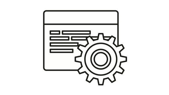 Minimalist black vector icon illustration of a computer browser window with a gear symbol, depicting software configuration, web development, system settings, and technical optimization.