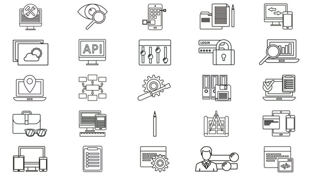 25 Vector Icon Set Collection Bundle of Black Line Symbols for Business, Technology, Web Development, SEO, Data Analysis, Security, UI/UX Design, Office Management, and Technical Support Services.