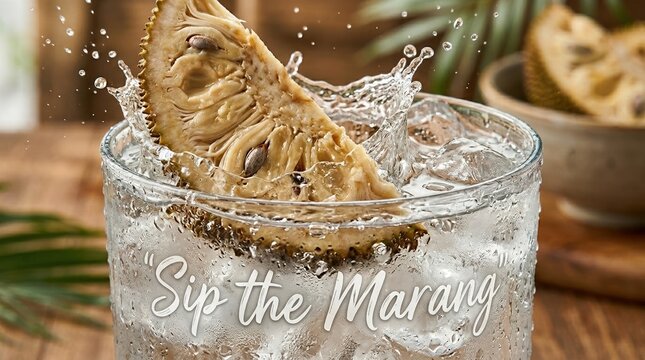 Macro shot of vivid Marang slices dramatically splashing into crystal clear water with large ice cubes, highly detailed texture of