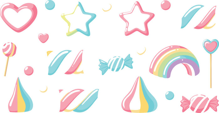 Pastel Candy and Lollipop Icon Set with Heart, Star, and Rainbow Shapes for Sweet Treats and Fun Decorations