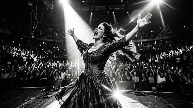 High-contrast black and white cinematic photography of a dramatic opera singer during the final high note, dark stadium-like
