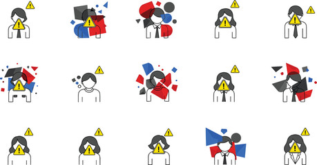 Fototapeta premium Warning and Stress Icons Set Featuring Alert Symbols and Fragmented Designs for Websites, Apps, and Digital Media