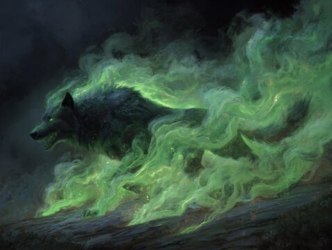 Dire wolf from hell with green flames, mythical creature