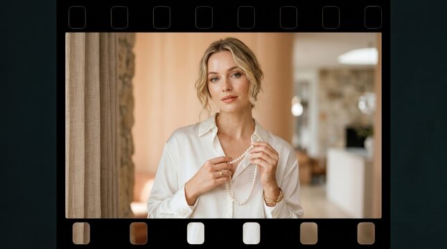 Scandinavian woman in white silk button-down shirt holding a string of freshwater pearls within cinematic film strip frame agai...