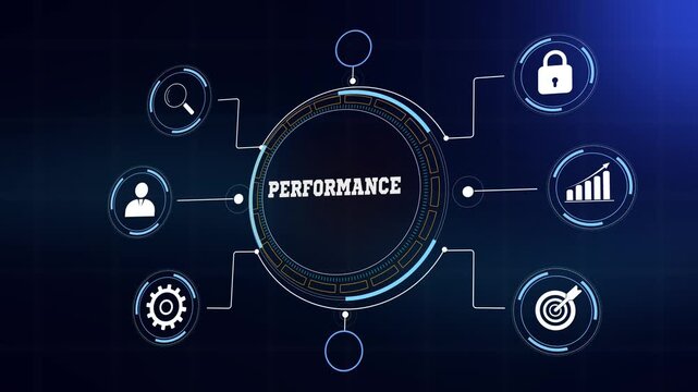 Digital business performance and goal achievement visualization video, glowing high tech symbols with connecting network lines, sleek motion graphics for corporate projects
