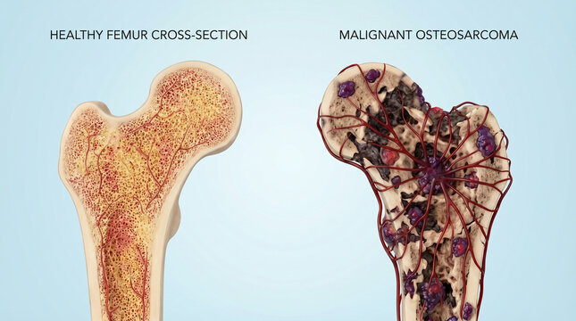 Healthy Femur Bone vs Malignant Osteosarcoma Cancer Cross Section 3D