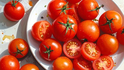 Bright red tomatoes are displayed on a white plate with natural sun light and some splatter effect background © Cantika