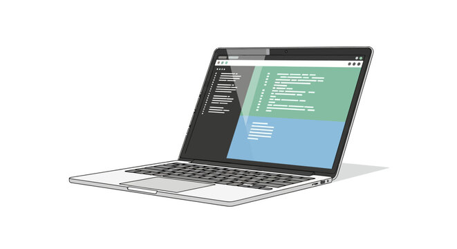 Modern laptop computer displaying code in a minimalist vector illustration
