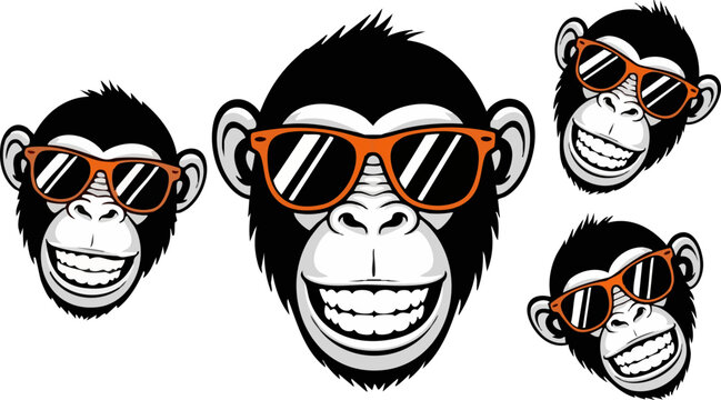 Cool monkey head vector set, smiling chimpanzee characters wearing orange sunglasses, funny primate mascot collection for t-shirt design