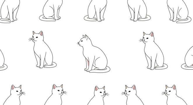 Seamless pattern of white cat illustrations on white background