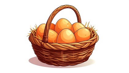Fototapeta premium Brown eggs nestled in a woven basket, straw, and a handle against a white background