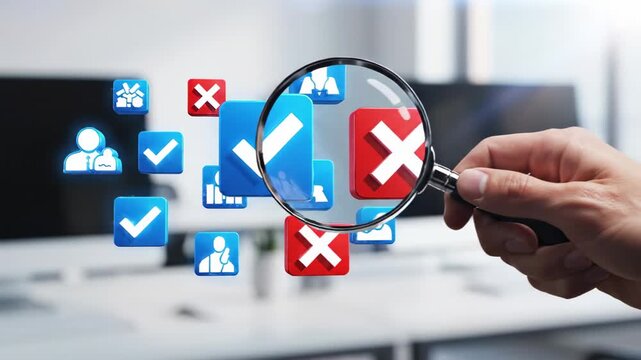 This shows a hand holding a magnifying glass over a collection of app icons on a computer screen displaying technical difficulties and error screens in a modern office setting, highlighting the