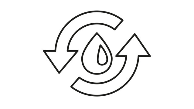 Minimalist black line vector icon of a water drop surrounded by circular arrows, representing water recycling, sustainable resource management, and the ecological water cycle illustration.
