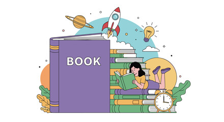 Fototapeta premium Young girl lies on large stack of books and reads while surrounded by symbols of imagination including rocket and planets.