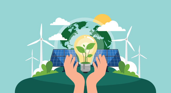 Human hands carefully hold light bulb with green plant inside representing clean energy and environmental conservation across globe.