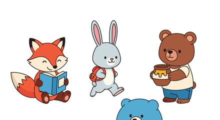 Naklejka premium Cartoon animals together in illustration fox rabbit and bear on white