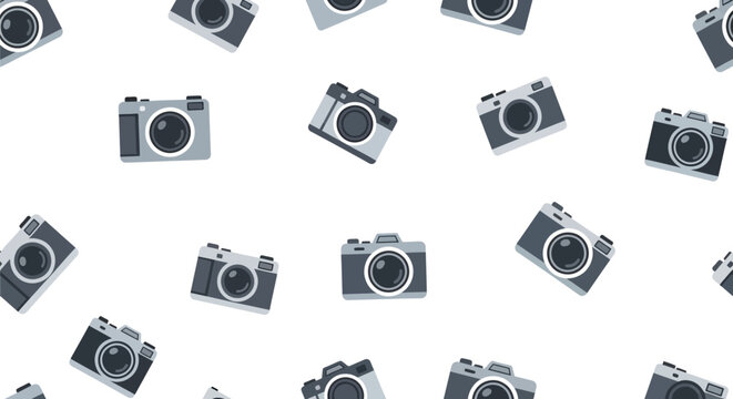Repeating pattern of cartoon cameras on white background photography concept