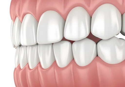 Close up view of a set of teeth showing the gums and the white enamel of the upper and lower teeth