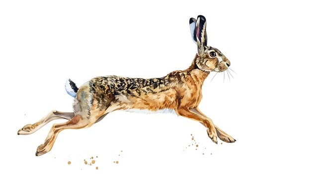 Brown hare leaping, painted in watercolor style on a white background, with speckled fur and long ears