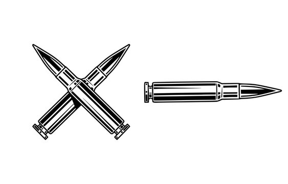 Detailed vector graphic illustration featuring a single bullet alongside two crossed ammunition shells.