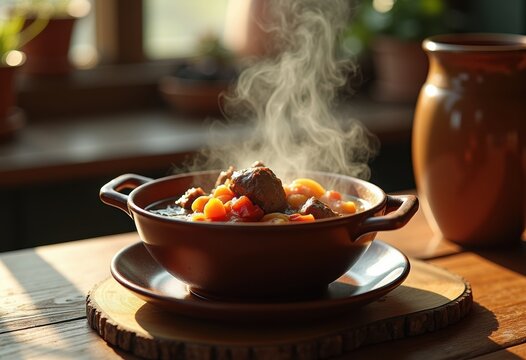 Steaming Beef Stew Ceramic Bowl Farmhouse Table Warm Comfort Environment