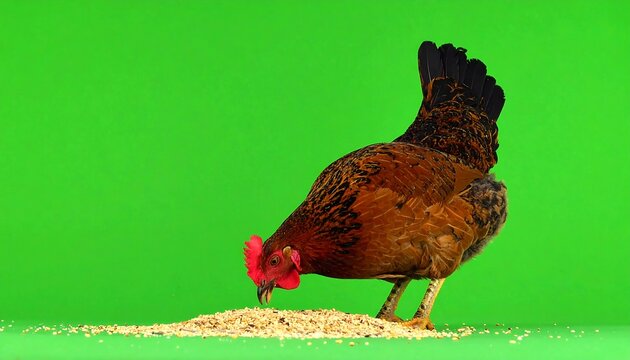 Brown hen pecks at scattered seeds against a solid bright green backdrop, its head low to the ground