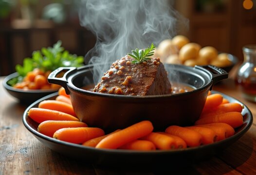 Succulent Dutch Oven Pot Roast with Carrots and Potatoes in Rich Gravy Served Hot