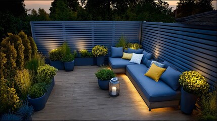 Obraz premium Sunlight bathes a modern garden patio at dusk.