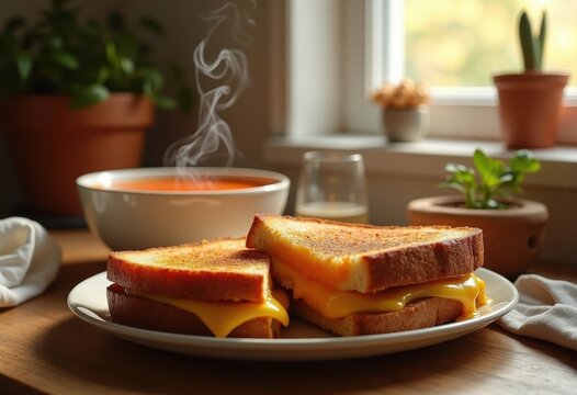 Toasty Grilled Cheese Sandwich Paired with Satisfying Tomato Soup in a Welcoming Home Kitchen
