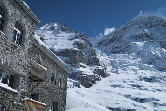 Iconic Eiger North Face from Eigergletscher with Alpine House, Switzerland