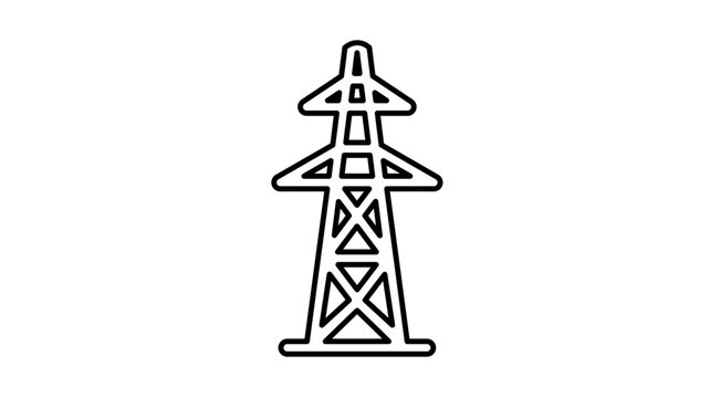 Minimalist black vector icon illustration of an electric power transmission tower or pylon, symbolizing energy infrastructure, high voltage electricity, and industrial power distribution systems.