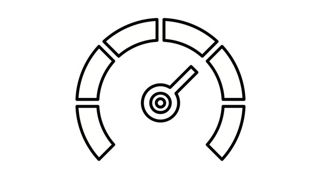 Minimalist black outline vector icon of a speedometer or performance gauge, representing speed, efficiency, and measurement for dashboard interfaces, automotive, and technology applications.
