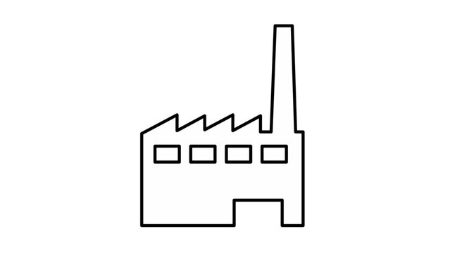 Industrial factory building vector icon with sawtooth roof and tall chimney. Minimalist black line illustration of a manufacturing plant or warehouse symbol for business and industry design.