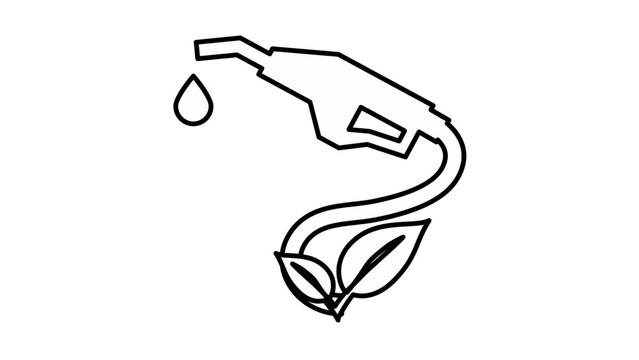 Minimalist black vector icon illustration of a gas pump nozzle with a drop of liquid and a hose morphing into plant leaves, symbolizing biofuel, green energy, and sustainable fuel solutions.