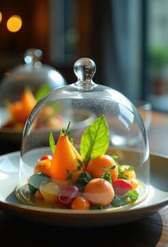Visionary Molecular Gastronomy Vegetables Enclosed in Glass Cloche Refined Elegance Michelin Restaurant
