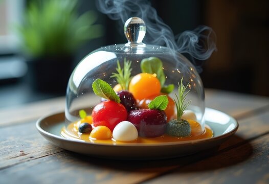 Visually Stunning Molecular Techniques Showcased Under Glass Cloche at Elite Dining Venue