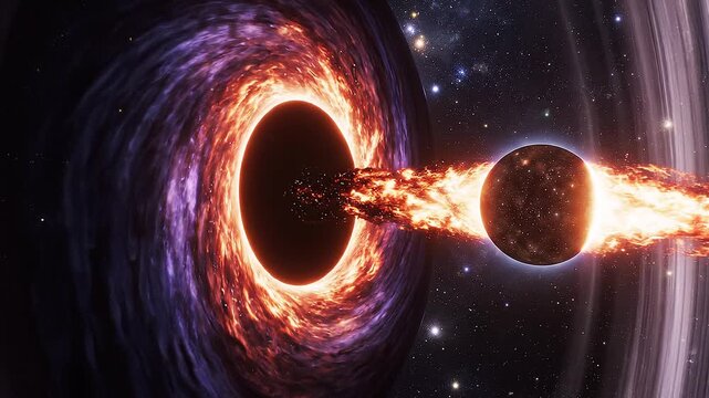 A menacing black hole looms in deep space, its event horizon swirling with dark intensity. A nearby planet is being violently torn apart, trailing a massive tail of fire and debris into the vortex.