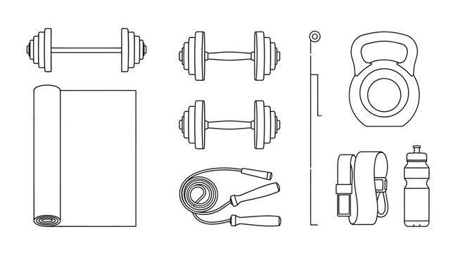 Gym equipment collection dumbbells kettlebell jump rope and exercise accessories