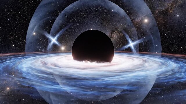 A supermassive black hole sits at the center of a galaxy, surrounded by a glowing accretion disk. Powerful twin jets of brilliant blue light erupt from the poles, piercing through the surrounding spac