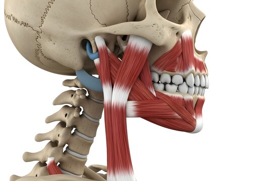 Anatomical illustration showing the human skull with muscles and vertebrae