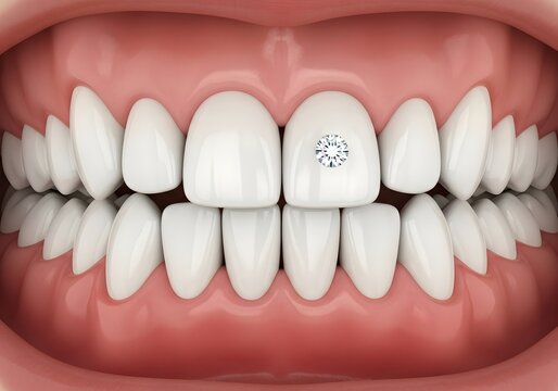 Close up of a set of teeth with a diamond on one of the front teeth in the upper row shown