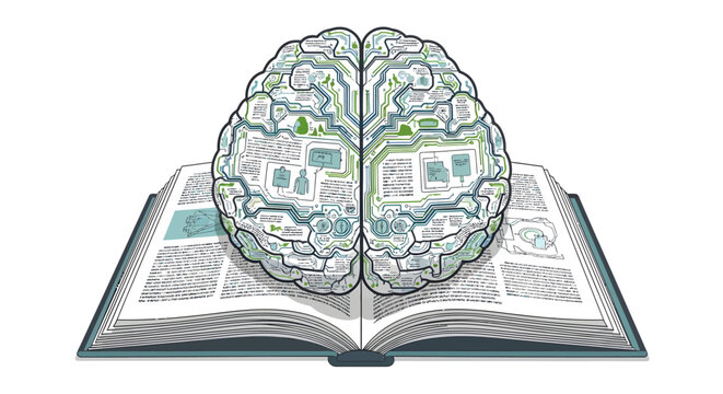Brain on open book with circuit board pattern inside