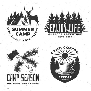 Summer camp outdoor set vector collection with tent deer forest coffee and camp season adventure scenes vintage design for t shirt poster sticker isolated background